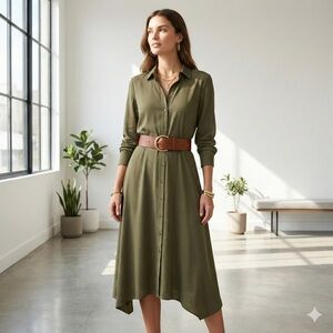 Ralph Lauren Olive Green Midi A-Line Utility Shirt Dress - US 8 Petite / Medium